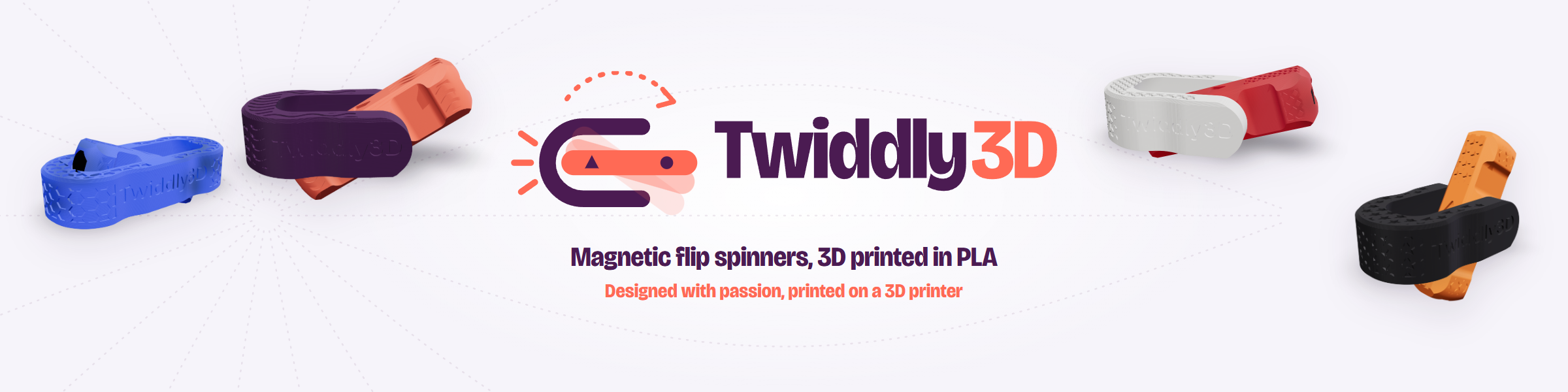 Twiddly3D banner with four flip spinners around the logo
